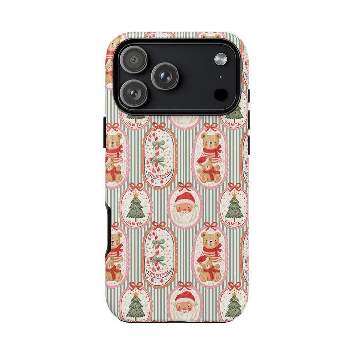 Vintage Santa Teddy Bear Tough iPhone Case, Christmas Candy Cane Green Stripe Phone Cover, Matte or Glossy