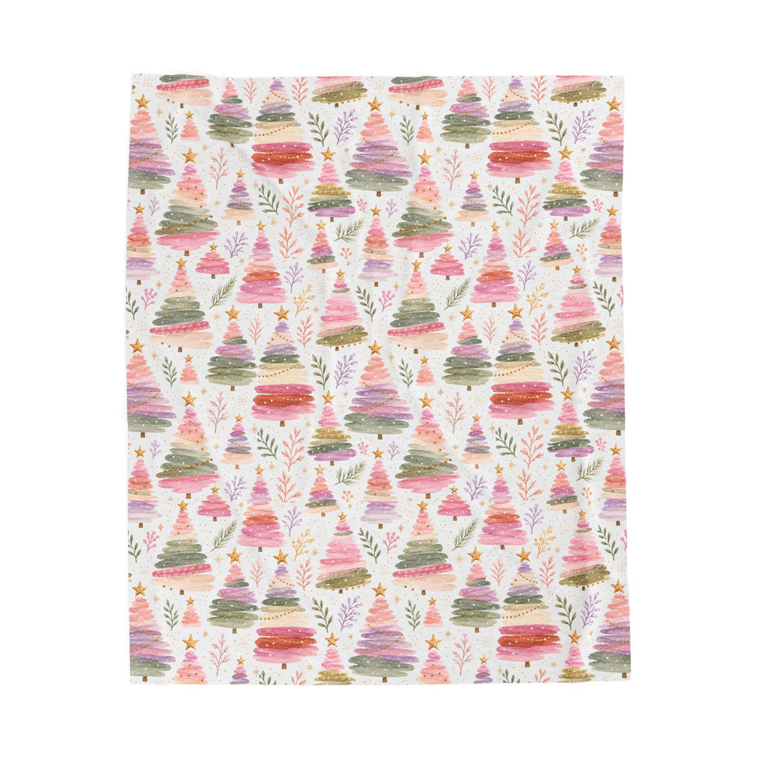 Pastel Christmas Tree Velveteen Plush Blanket, Pink Lavender Sage Holiday Throw, Watercolor Cozy Gift