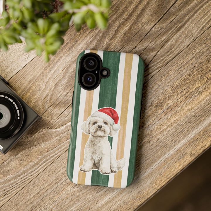 Maltese Christmas Tough iPhone Case, Green Gold Stripes, Santa Dog Phone Cover