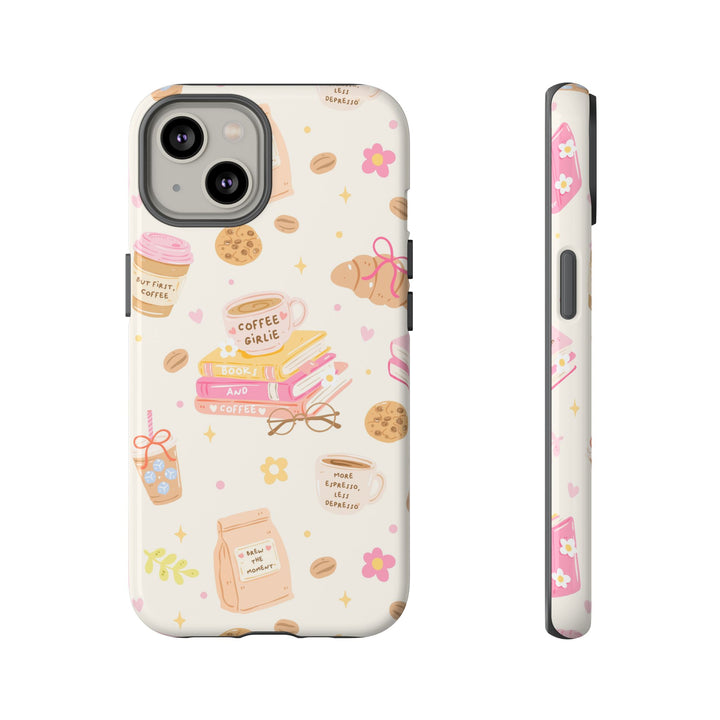 Coffee and Books Tough iPhone Case, Pastel Pink Bookish Phone Cover, Matte or Glossy