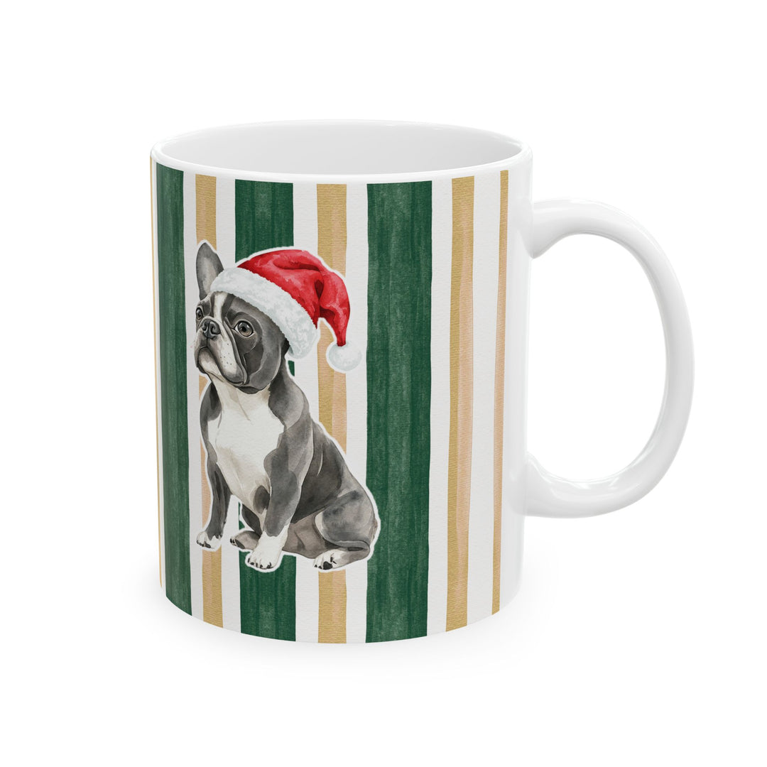French Bulldog Christmas Mug, Green Gold Stripes, 11oz White Ceramic