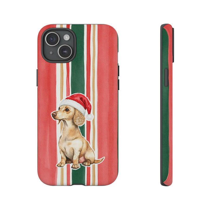 Dachshund Christmas Tough iPhone Case, Classic Red Green Stripes, Santa Dog Phone Cover