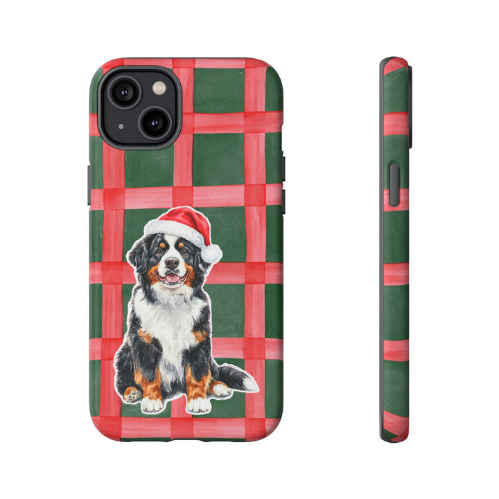 Bernese Mountain Dog Christmas Tough iPhone Case, Red Green Plaid, Santa Dog Phone Cover