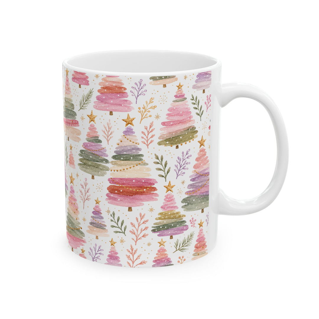 Pastel Christmas Tree Ceramic Mug, Pink Sage Watercolor Holiday Coffee Cup, Cozy Gift, 11oz and 15oz