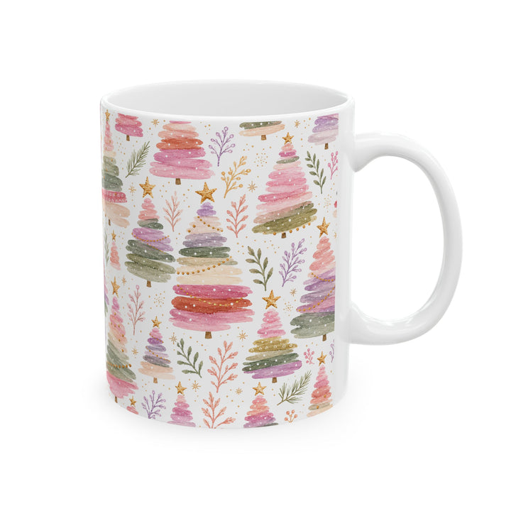 Pastel Christmas Tree Ceramic Mug, Pink Sage Watercolor Holiday Coffee Cup, Cozy Gift, 11oz and 15oz
