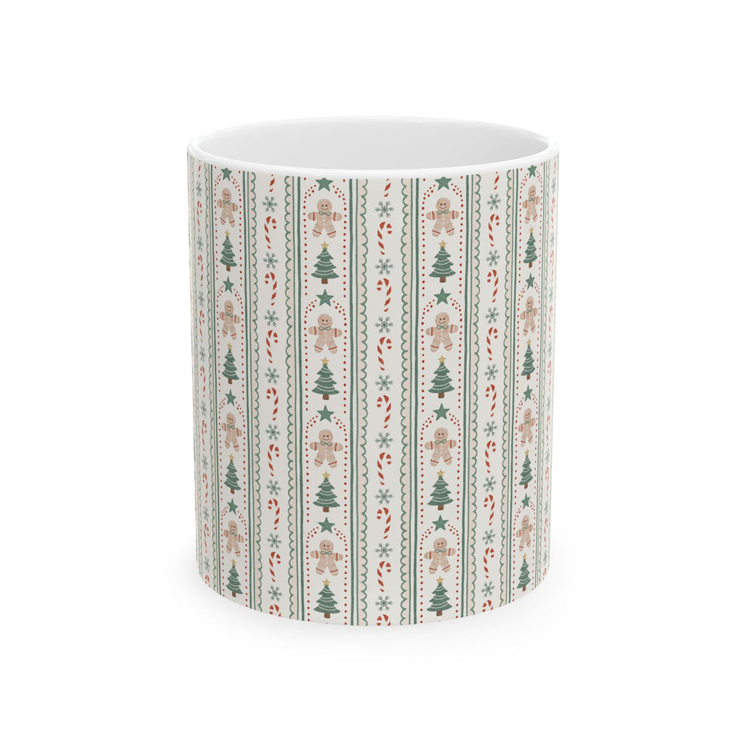 Gingerbread Stripe Ceramic Mug, Sage Green Christmas Tree Coffee Cup, Vintage Holiday Gift, 11oz and 15oz
