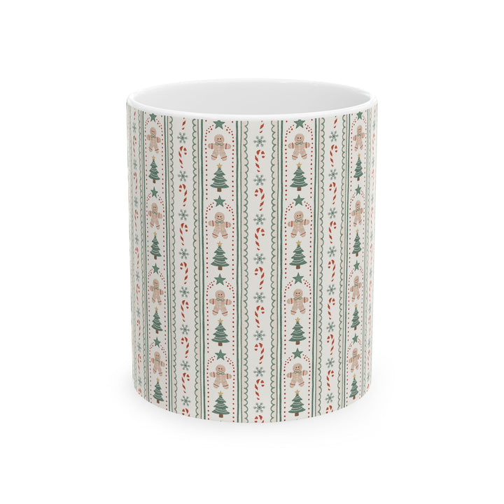 Gingerbread Stripe Ceramic Mug, Sage Green Christmas Tree Coffee Cup, Vintage Holiday Gift, 11oz and 15oz