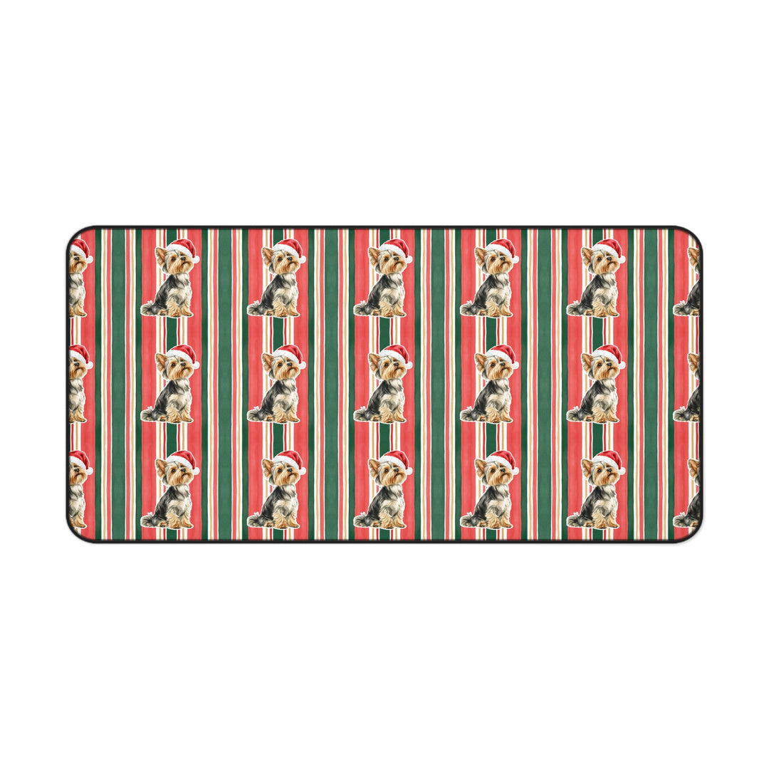 Yorkshire Terrier Christmas Desk Mat, Classic Red Green Stripes, Santa Dog Desk Pad