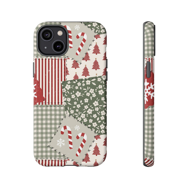 Christmas Patchwork Tough iPhone Case, Red Sage Floral Gingham Holiday Phone Cover, Matte or Glossy
