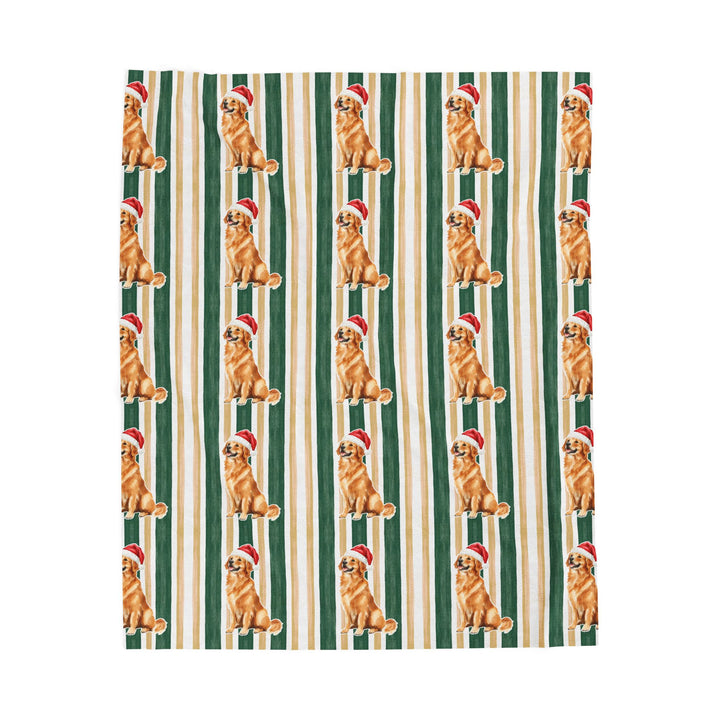 Golden Retriever Christmas Velveteen Plush Blanket, Green Gold Stripes, Santa Dog Throw