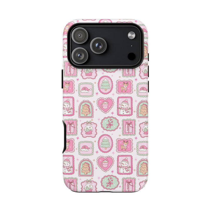 Pink Christmas Frames Tough iPhone Case, Pastel Snowman Reindeer Holiday Phone Cover, Matte or Glossy