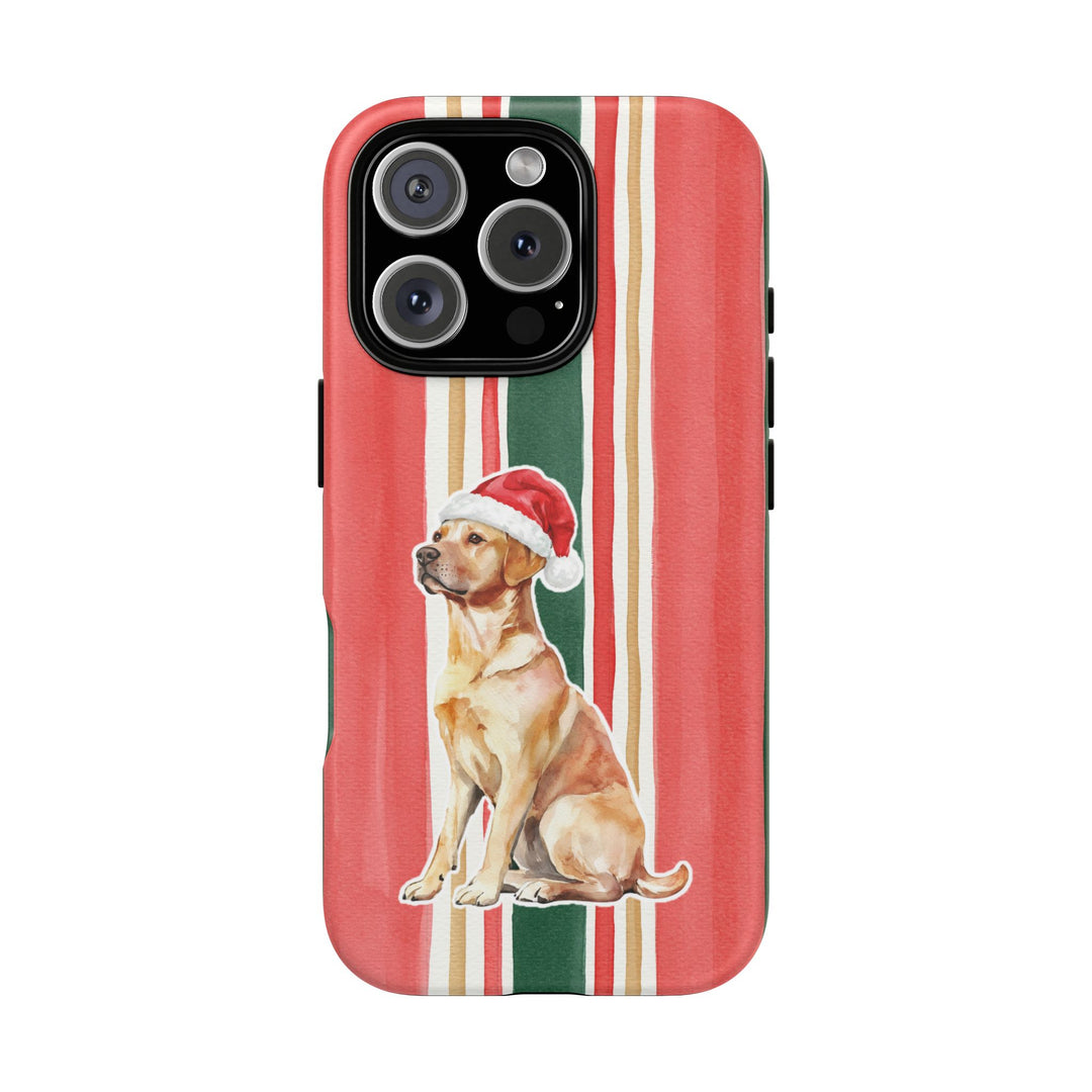 Yellow Labrador Christmas Tough iPhone Case, Classic Red Green Stripes, Santa Dog Phone Cover