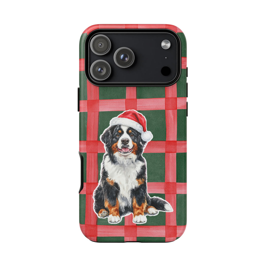 Bernese Mountain Dog Christmas Tough iPhone Case, Red Green Plaid, Santa Dog Phone Cover