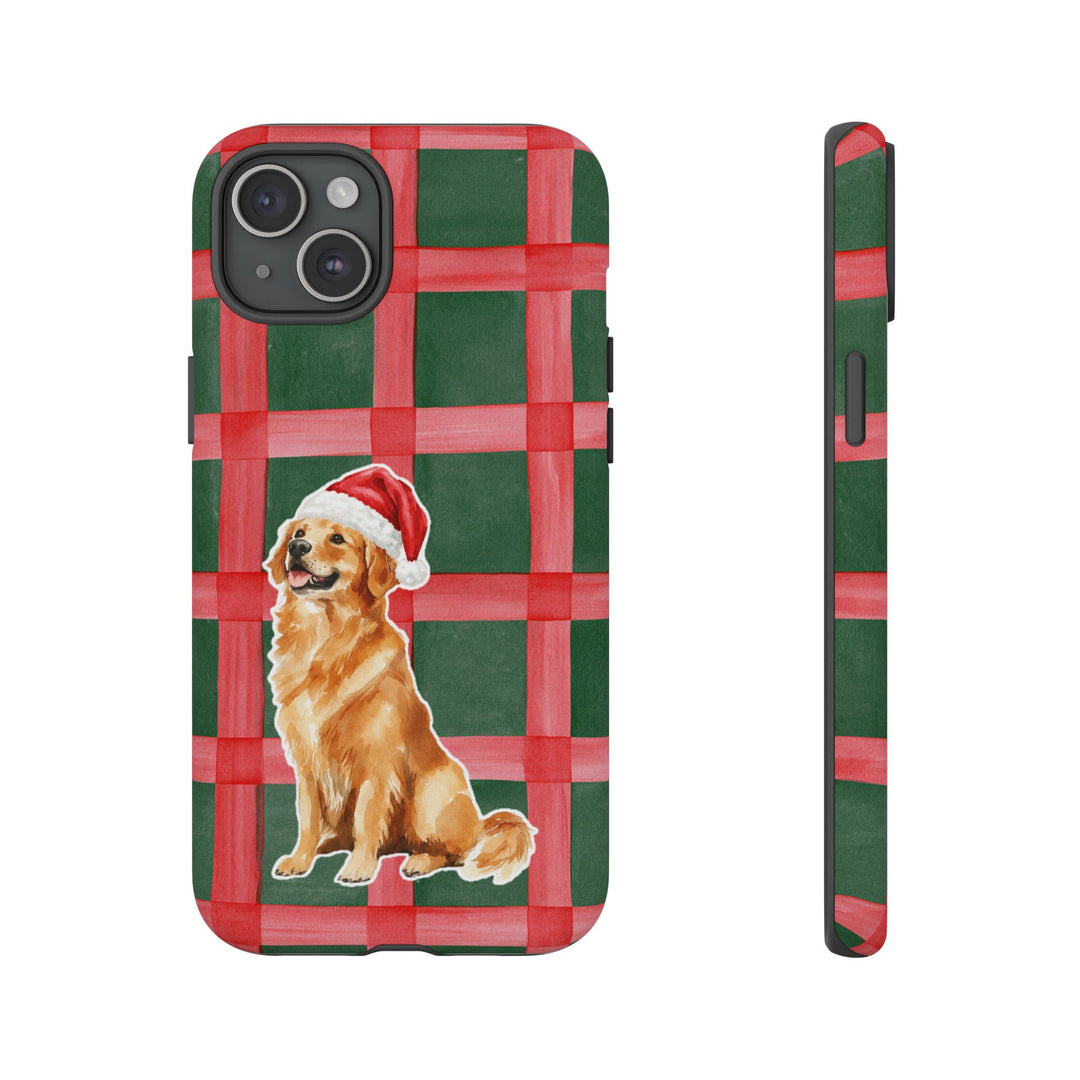 Golden Retriever Christmas Tough iPhone Case, Red Green Plaid, Santa Dog Phone Cover