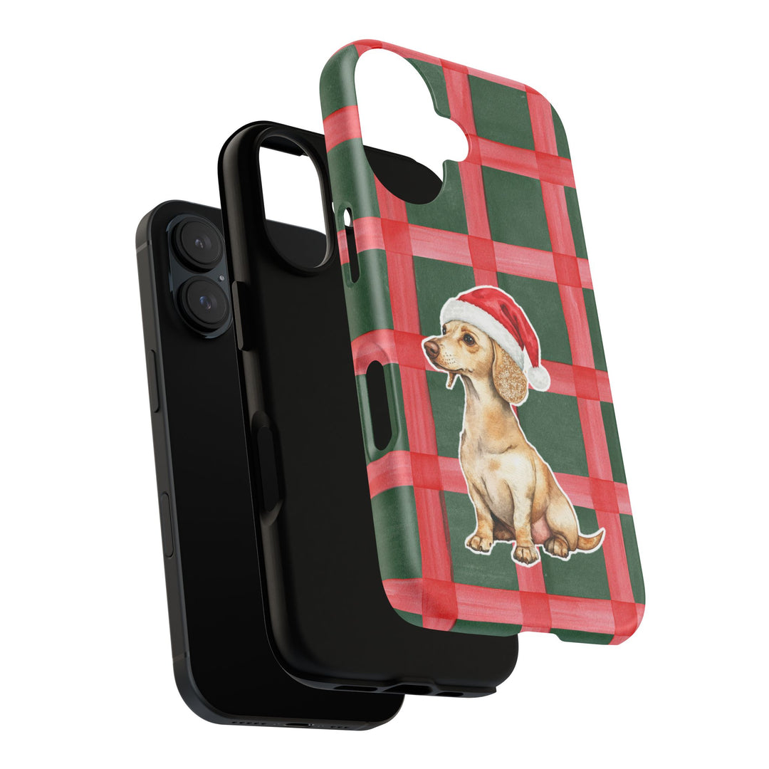 Dachshund Christmas Tough iPhone Case, Red Green Plaid, Santa Dog Phone Cover
