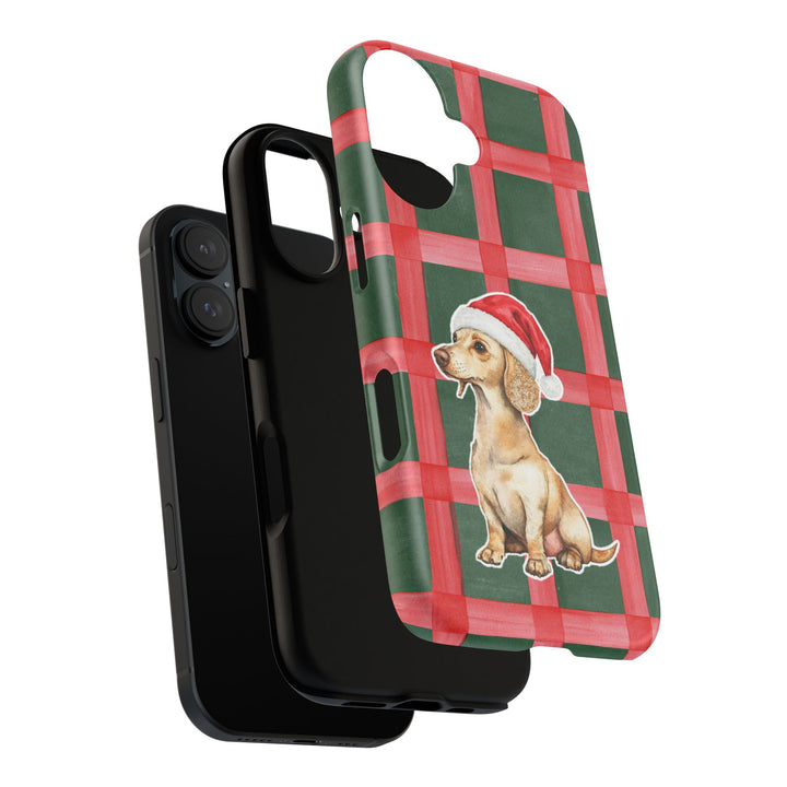 Dachshund Christmas Tough iPhone Case, Red Green Plaid, Santa Dog Phone Cover