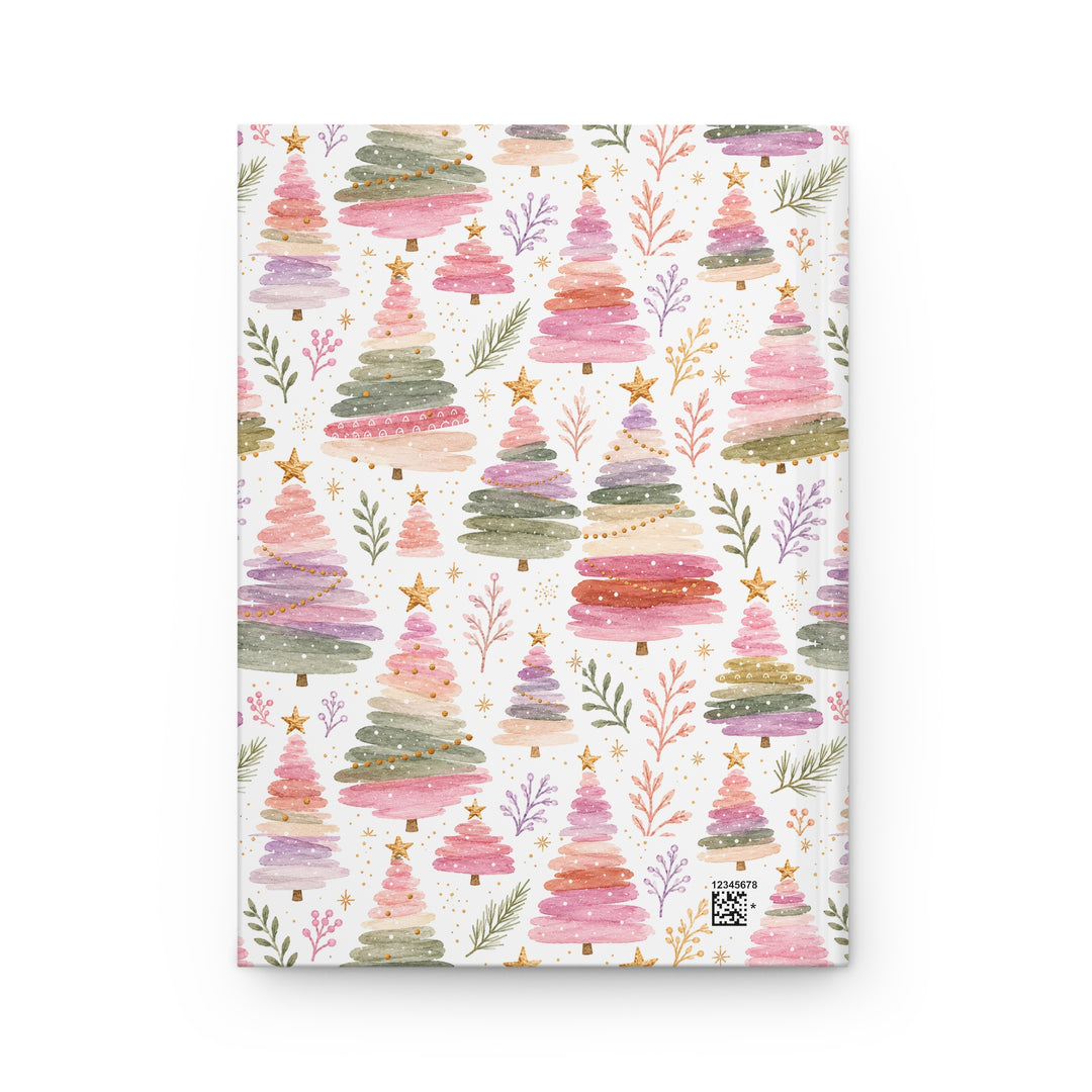 Pastel Watercolor Christmas Tree Hardcover Notebook, Pink Sage Lined Journal, Cute Holiday Stationery Gift