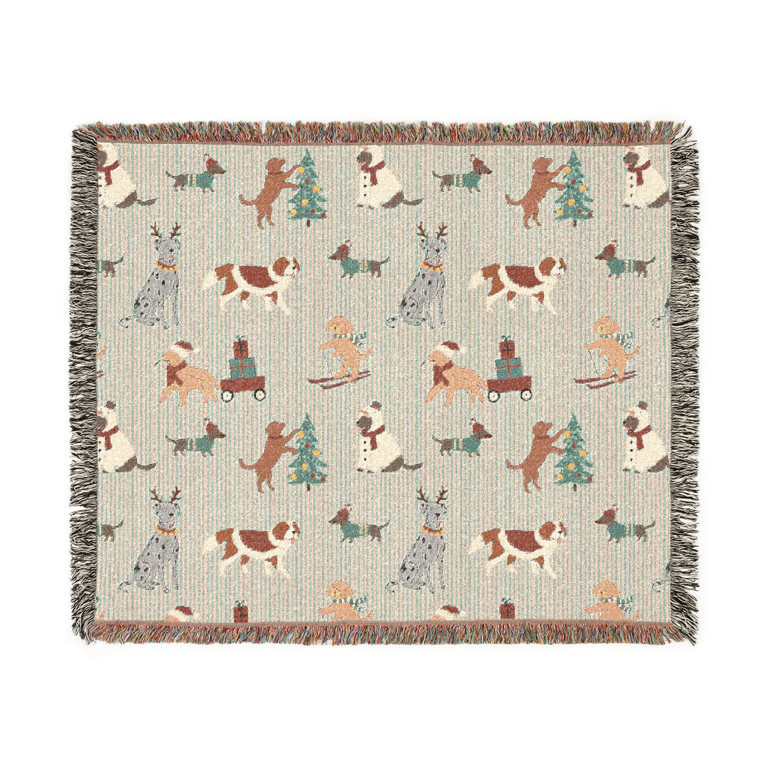 Christmas Dog Woven Blanket, Green Stripe Cotton Throw, Festive Puppy Decor, Dog Lover Holiday Gift