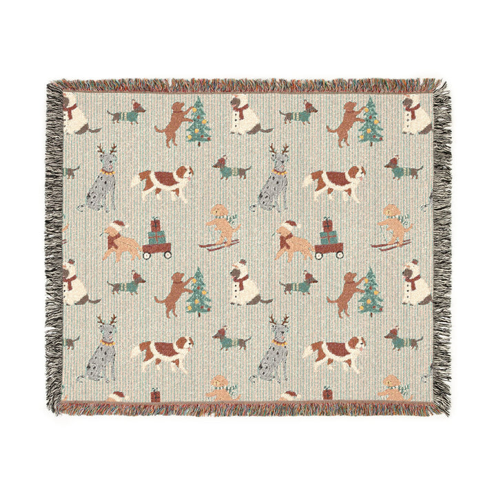 Christmas Dog Woven Blanket, Green Stripe Cotton Throw, Festive Puppy Decor, Dog Lover Holiday Gift