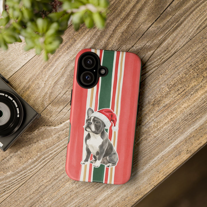 French Bulldog Christmas Tough iPhone Case, Classic Red Green Stripes, Santa Dog Phone Cover
