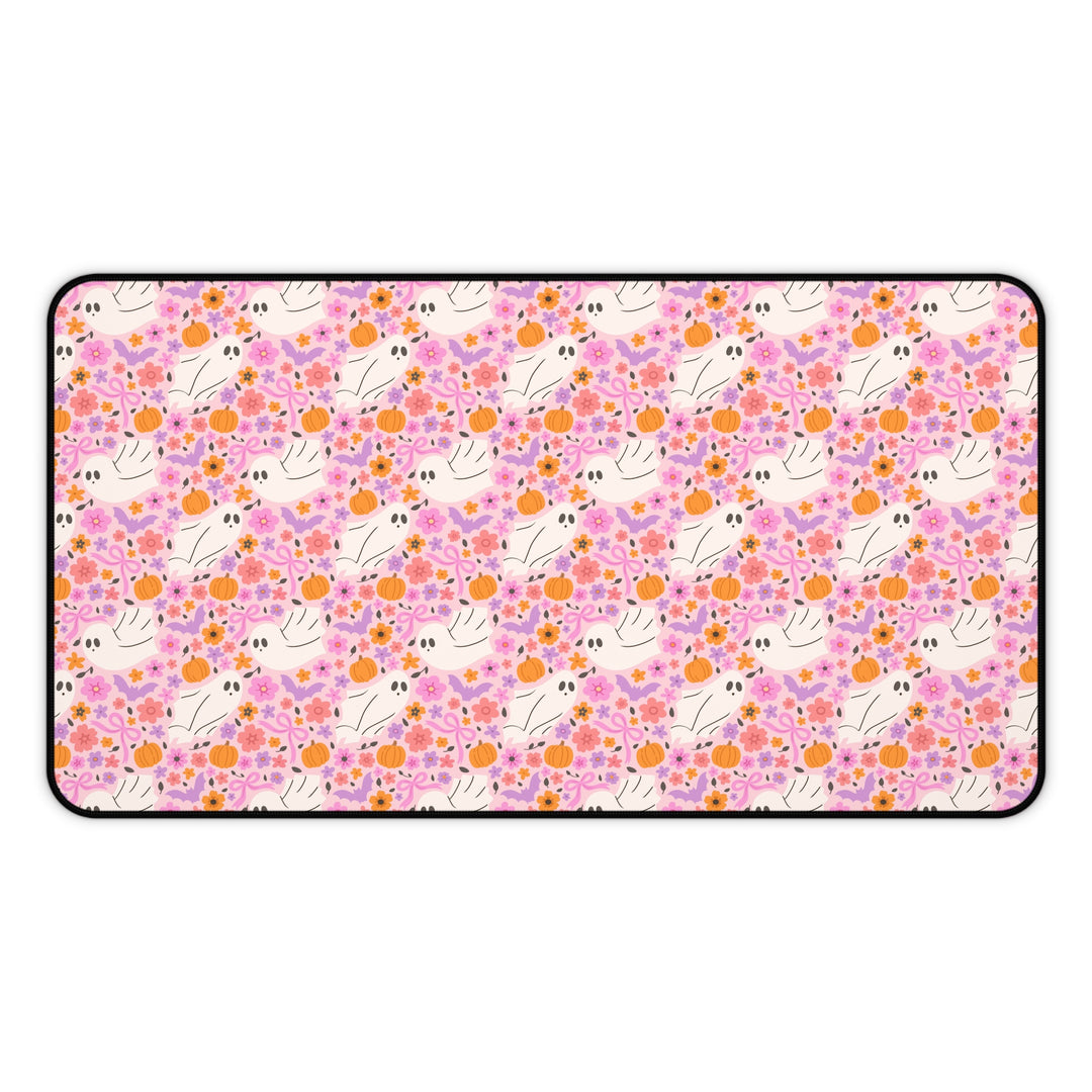 Pink Floral Ghost Desk Mat, Cute Halloween Pumpkin and Bat Desk Pad, Pastel Spooky Large Mouse Pad