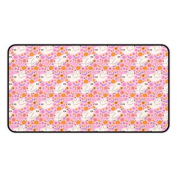 Pink Floral Ghost Desk Mat, Cute Halloween Pumpkin and Bat Desk Pad, Pastel Spooky Large Mouse Pad