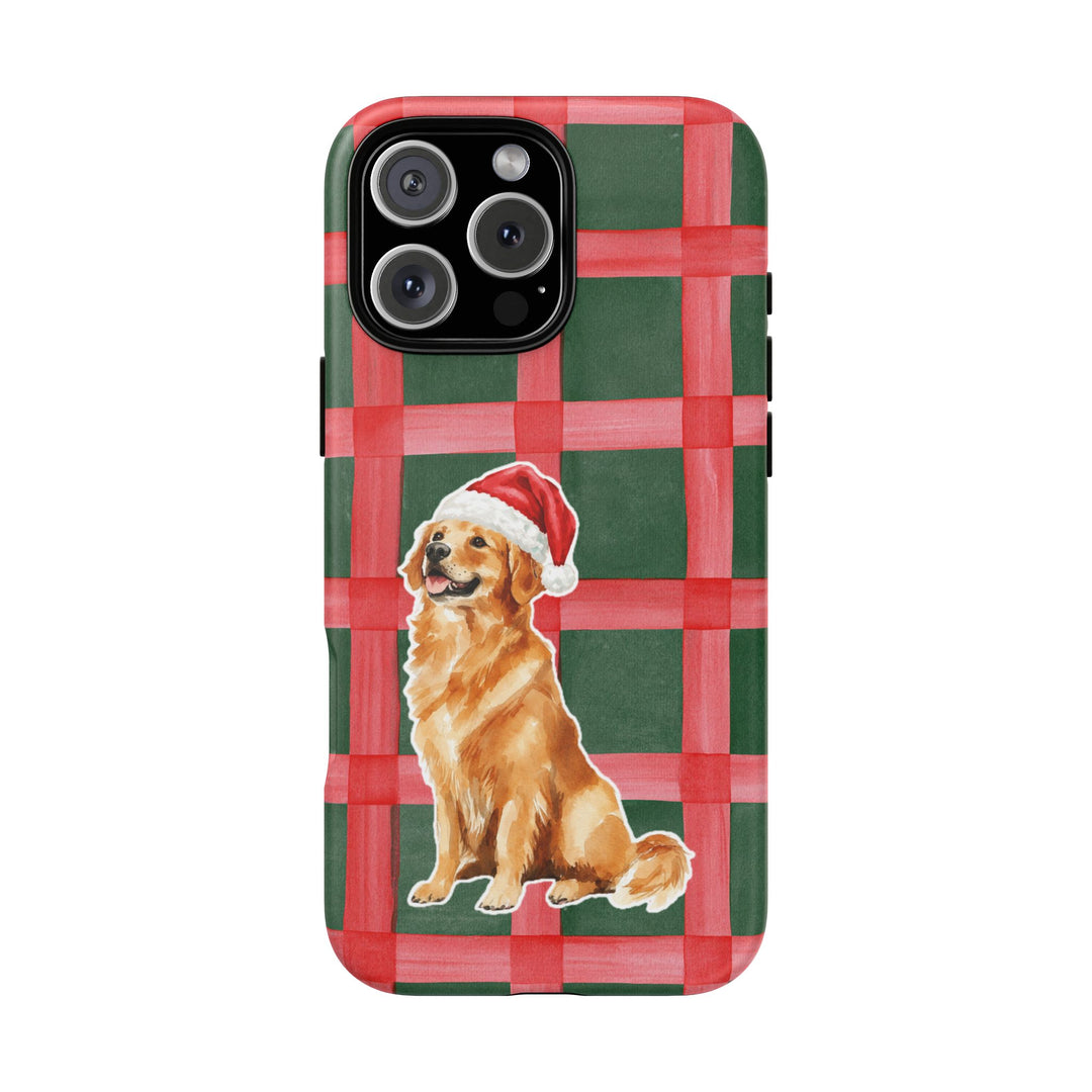 Golden Retriever Christmas Tough iPhone Case, Red Green Plaid, Santa Dog Phone Cover