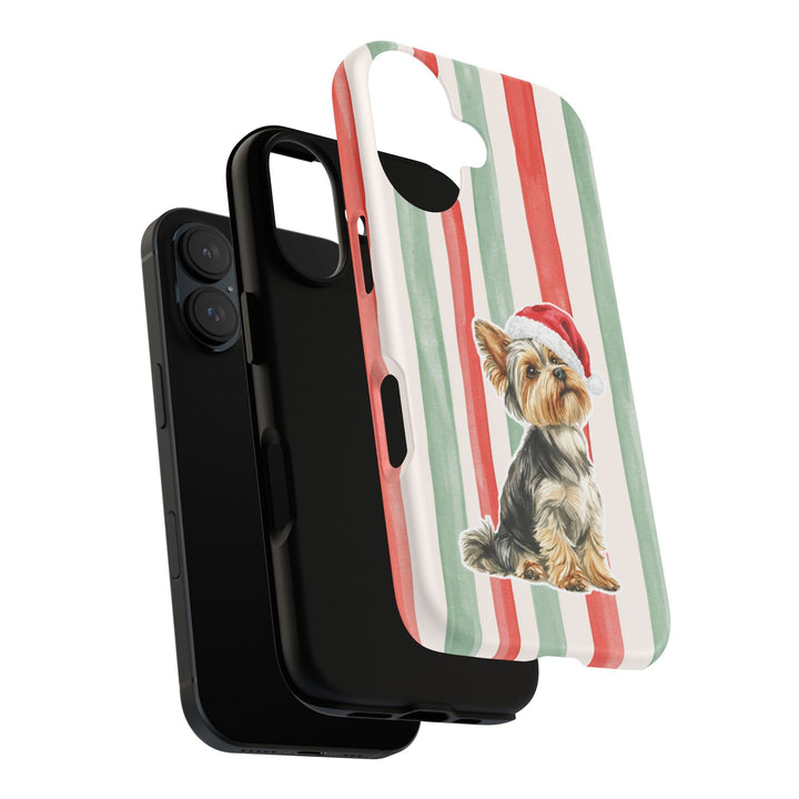 Yorkshire Terrier Christmas Tough iPhone Case, Red Sage Stripes, Santa Dog Phone Cover