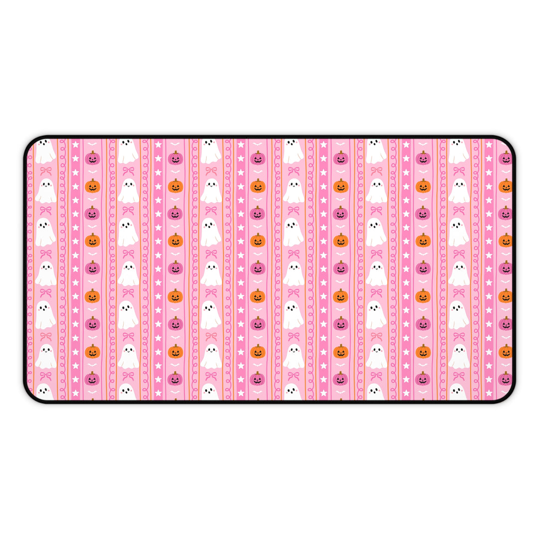 Pink Ghost Stripe Desk Mat, Cute Halloween Pumpkin and Bow Desk Pad, Spooky Large Mouse Pad