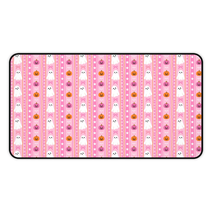Pink Ghost Stripe Desk Mat, Cute Halloween Pumpkin and Bow Desk Pad, Spooky Large Mouse Pad