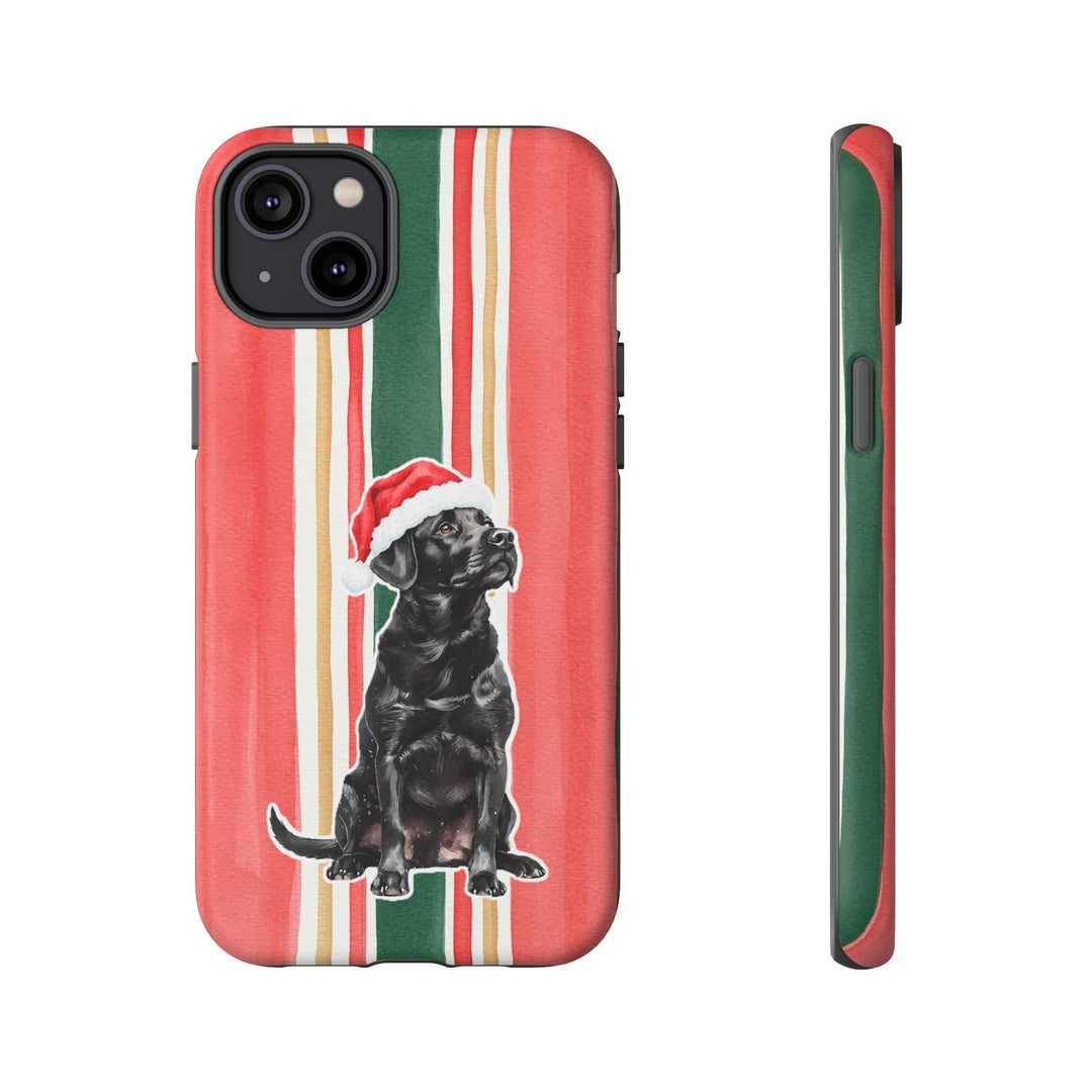 Black Labrador Christmas Tough iPhone Case, Classic Red Green Stripes, Santa Dog Phone Cover