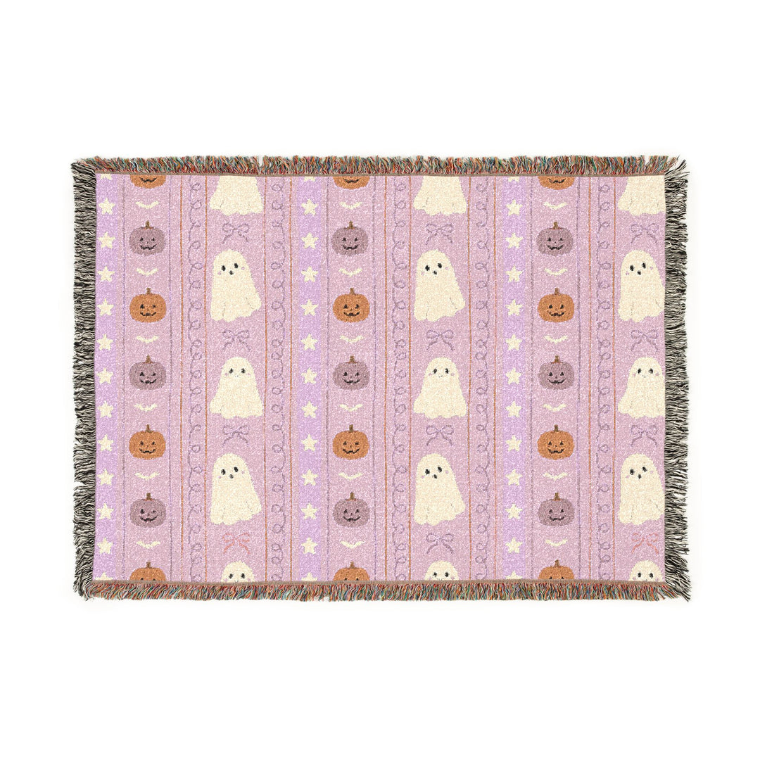 Pink Halloween Ghost Stripe Woven Blanket, Cute Pumpkin Bow Cotton Throw, Pastel Spooky Sofa Decor