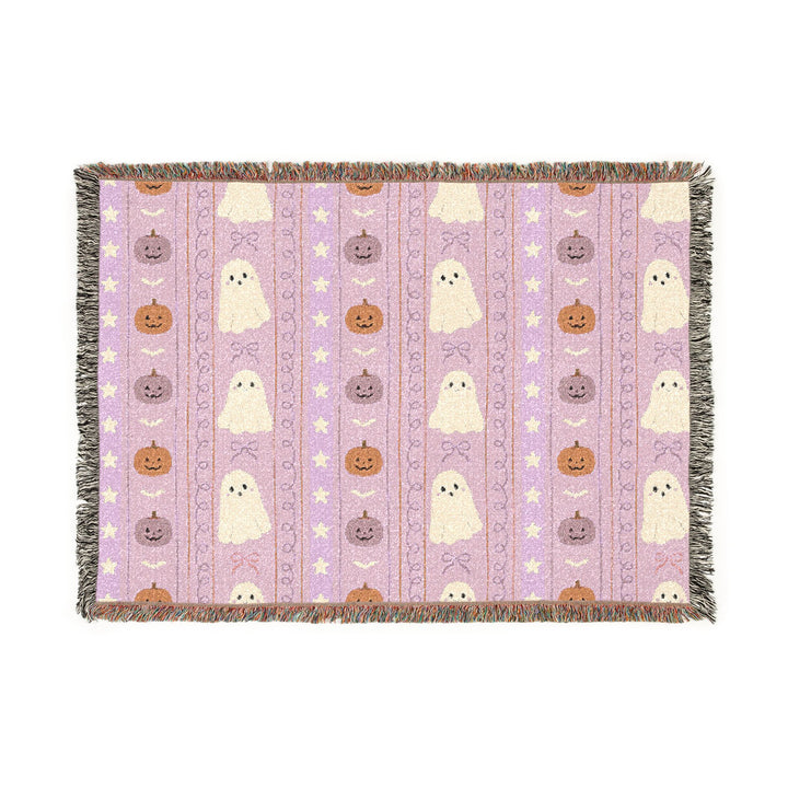 Pink Halloween Ghost Stripe Woven Blanket, Cute Pumpkin Bow Cotton Throw, Pastel Spooky Sofa Decor