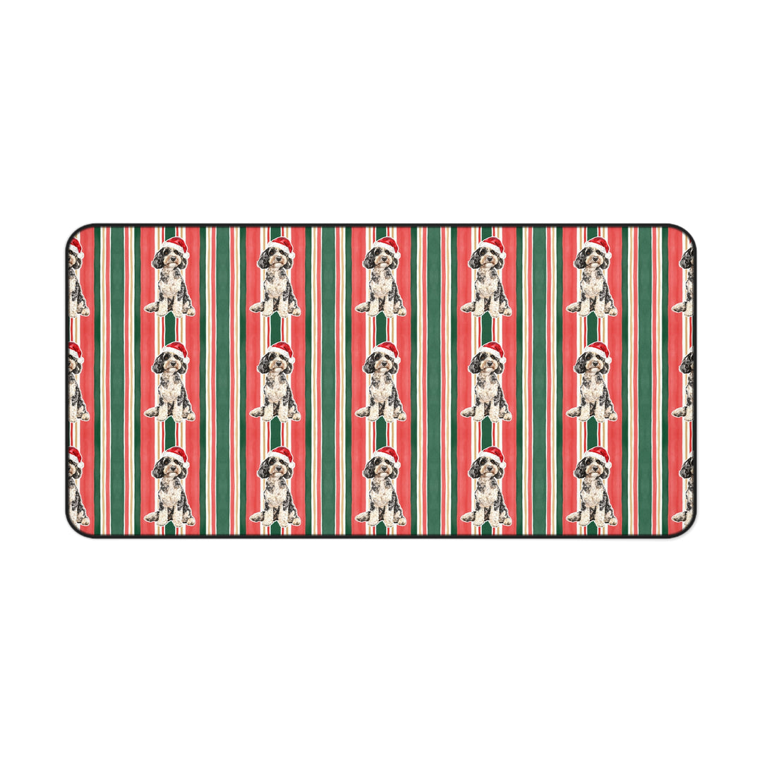 Doodle Christmas Desk Mat, Classic Red Green Stripes, Santa Dog Desk Pad