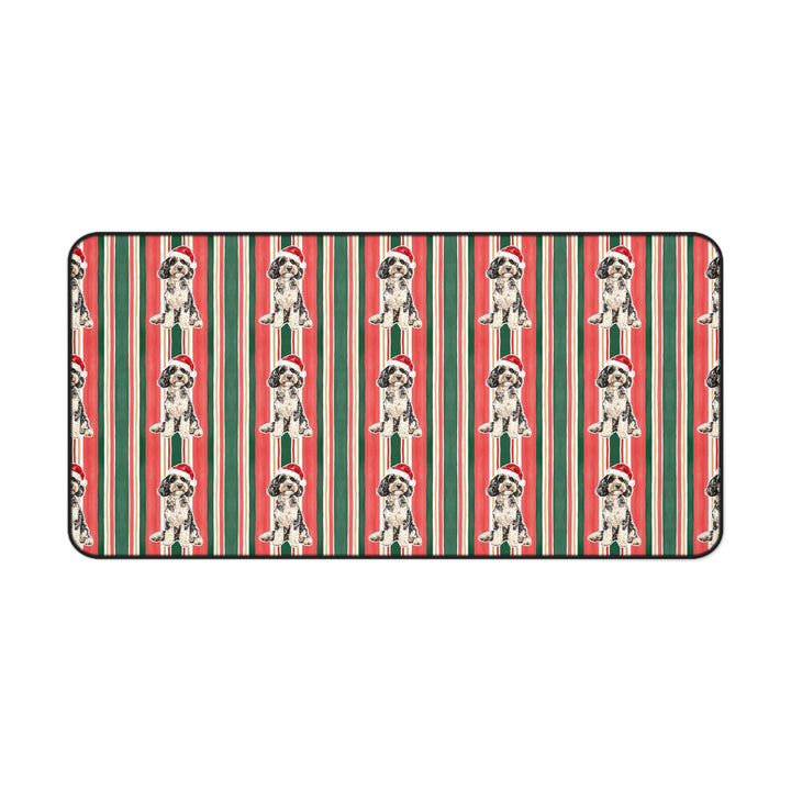 Doodle Christmas Desk Mat, Classic Red Green Stripes, Santa Dog Desk Pad