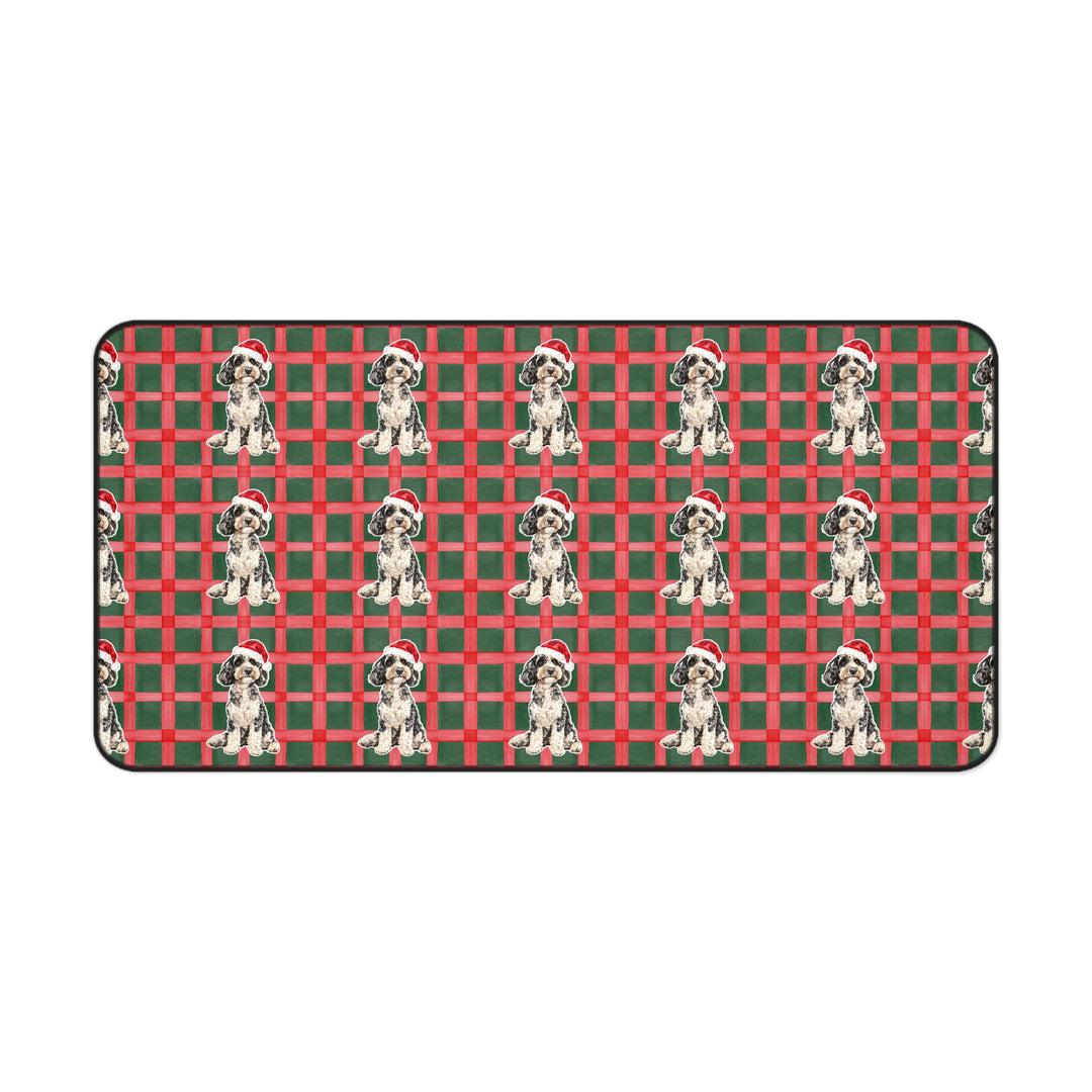 Doodle Christmas Desk Mat, Red Green Plaid, Santa Dog Desk Pad