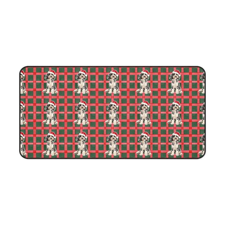 Doodle Christmas Desk Mat, Red Green Plaid, Santa Dog Desk Pad