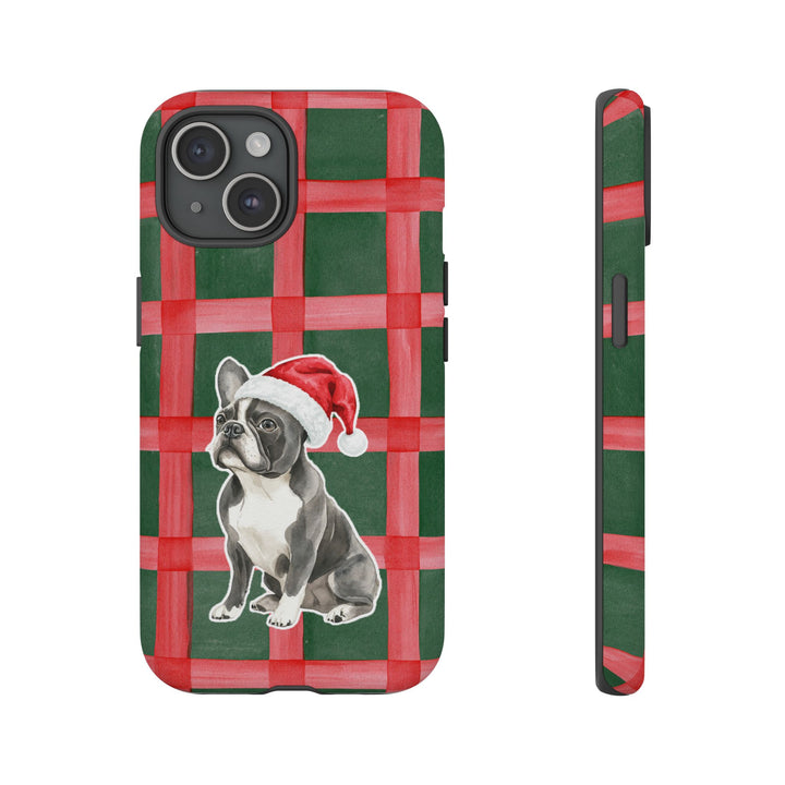 French Bulldog Christmas Tough iPhone Case, Red Green Plaid, Santa Dog Phone Cover