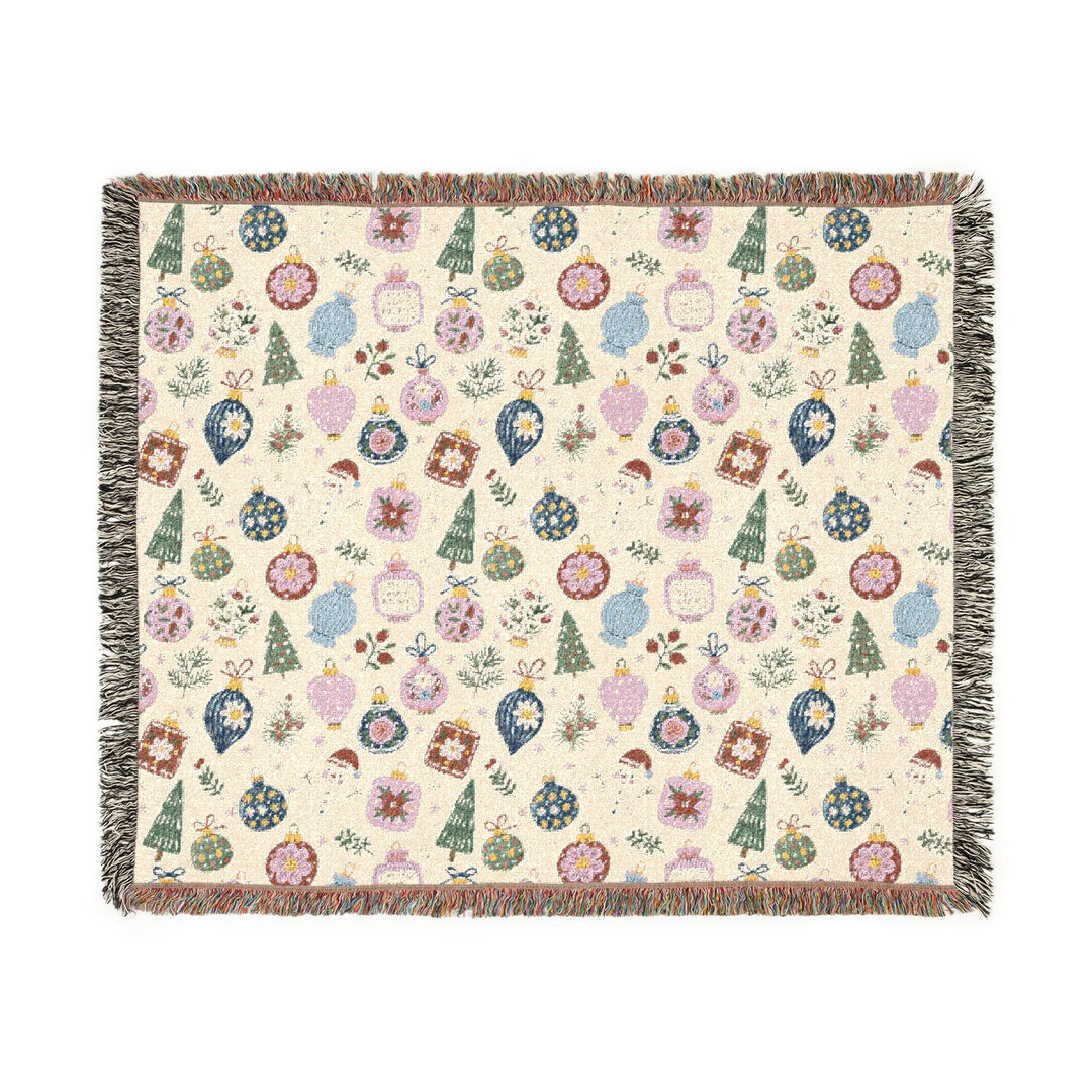 Christmas Ornament Woven Blanket, Pink Blue Holiday Cotton Throw, Snowman and Bauble Sofa Decor