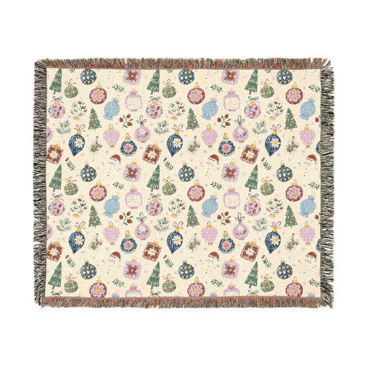 Christmas Ornament Woven Blanket, Pink Blue Holiday Cotton Throw, Snowman and Bauble Sofa Decor