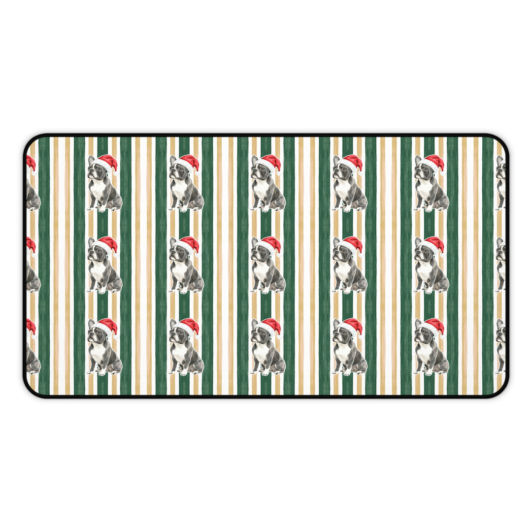 French Bulldog Christmas Desk Mat, Green Gold Stripes, Santa Dog Desk Pad
