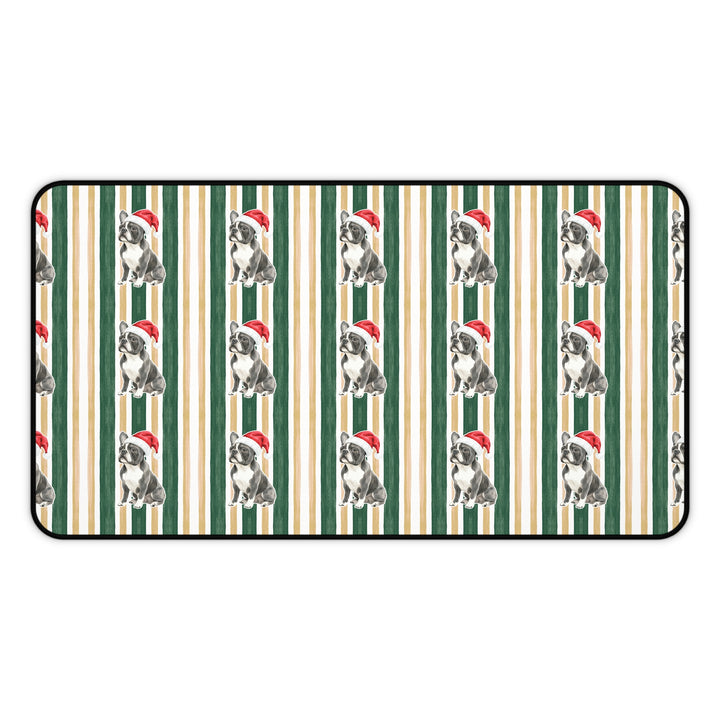 French Bulldog Christmas Desk Mat, Green Gold Stripes, Santa Dog Desk Pad