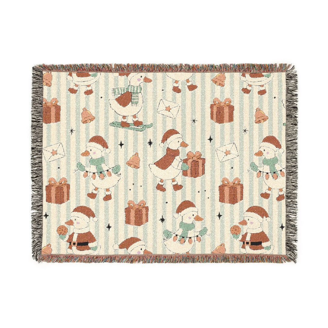 Christmas Goose Woven Blanket, Cute Holiday Geese Cotton Throw, Sage Stripe Christmas Sofa Decor