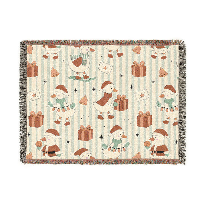 Christmas Goose Woven Blanket, Cute Holiday Geese Cotton Throw, Sage Stripe Christmas Sofa Decor