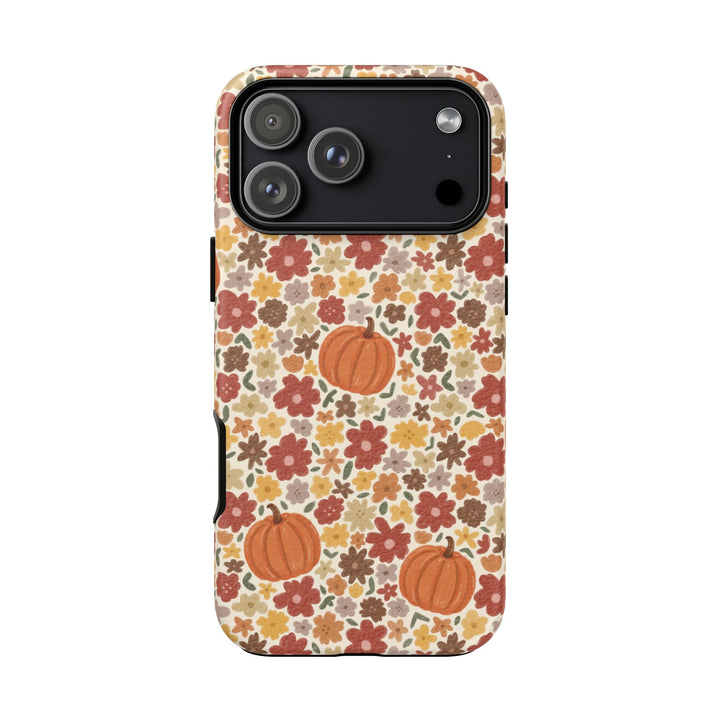 Floral Pumpkin Tough iPhone Case, Warm Autumn Flowers Fall Phone Cover, Matte or Glossy