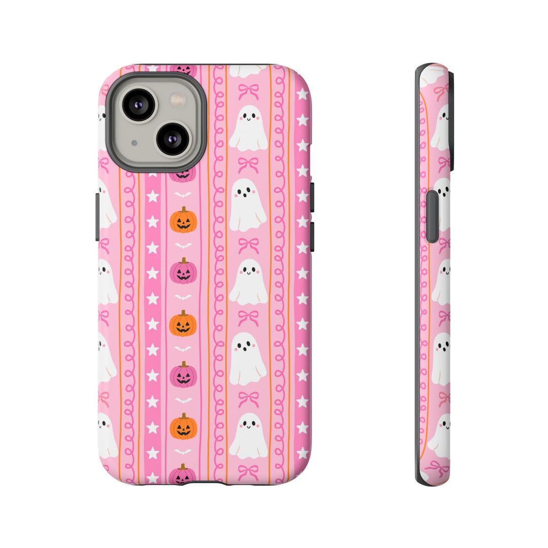 Pink Ghost Stripe Tough iPhone Case, Cute Halloween Pumpkin Bow Phone Cover, Matte or Glossy