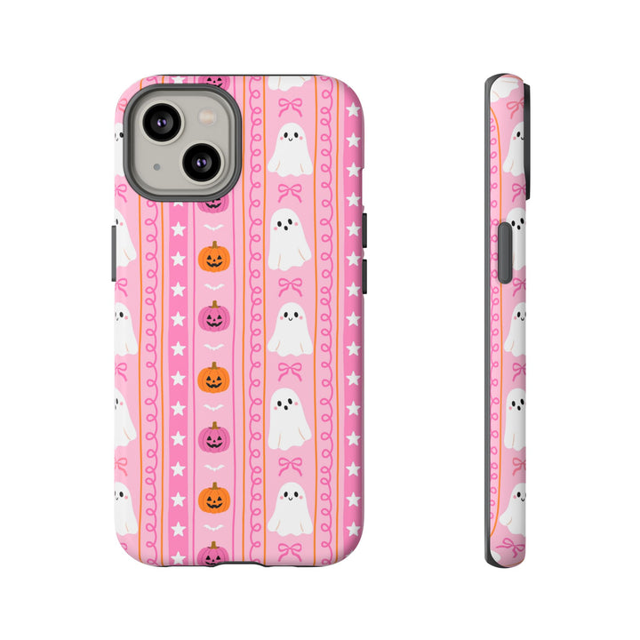 Pink Ghost Stripe Tough iPhone Case, Cute Halloween Pumpkin Bow Phone Cover, Matte or Glossy