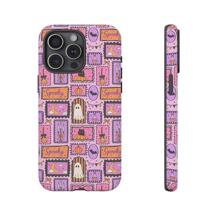 Pink Spooky Frames Tough iPhone Case, Halloween Ghost Black Cat Pumpkin Phone Cover, Matte or Glossy