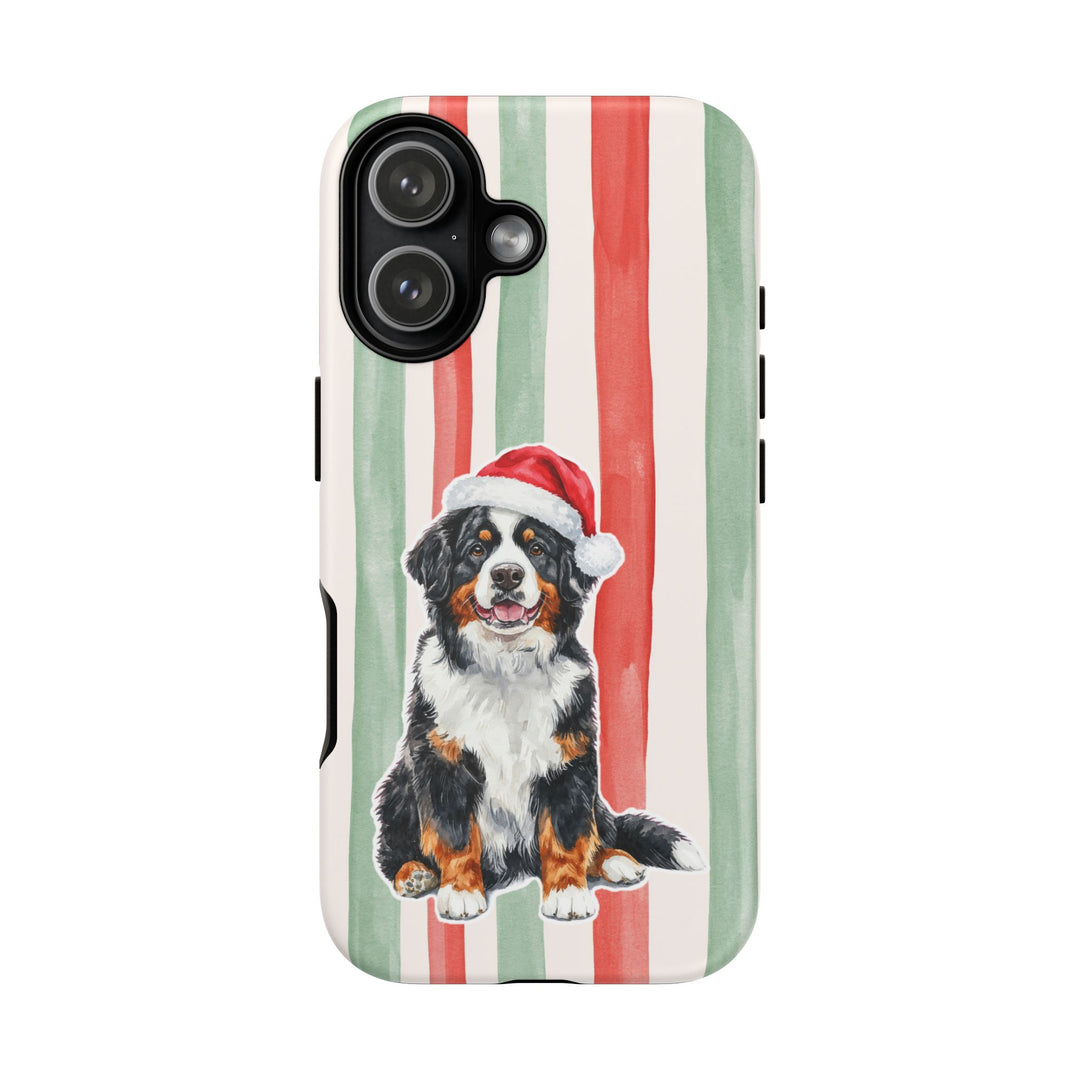 Bernese Mountain Dog Christmas Tough iPhone Case, Red Sage Stripes, Santa Dog Phone Cover
