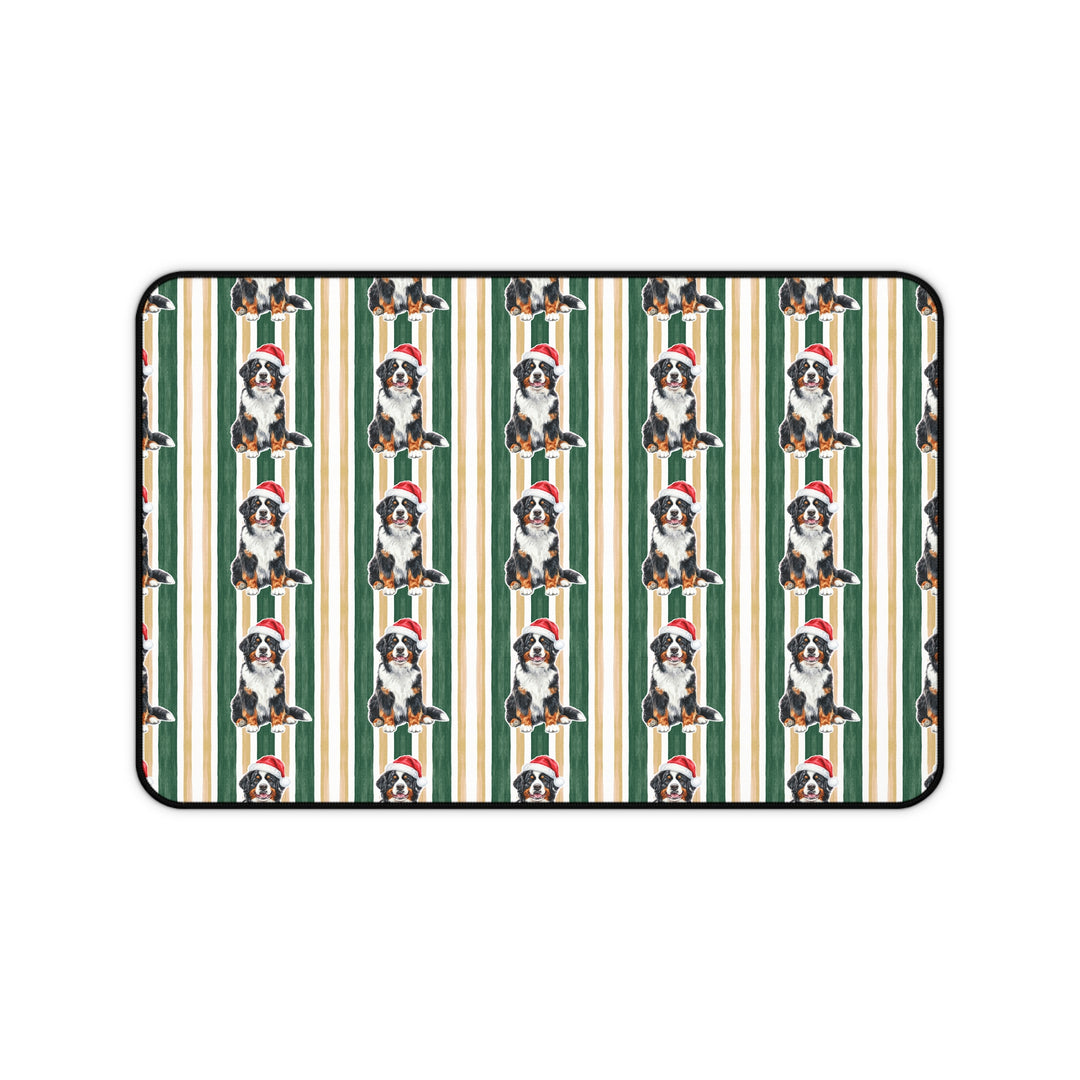 Bernese Mountain Dog Christmas Desk Mat, Green Gold Stripes, Santa Dog Desk Pad